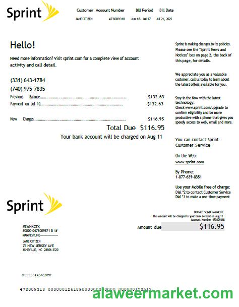 USA Sprint utility bill template in Word and PDF formats, version 2